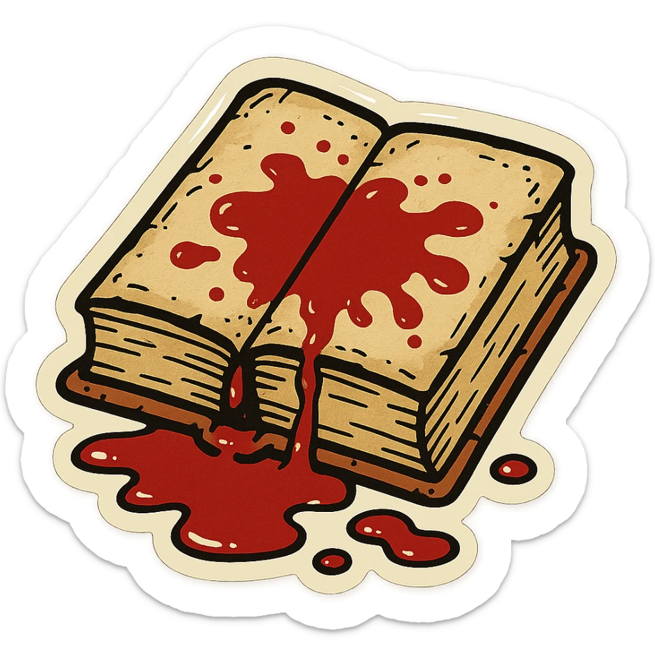 old book soaked in blood, sharp black outlines, no gradients, clear shadows and highlights, retro stickers style sticker