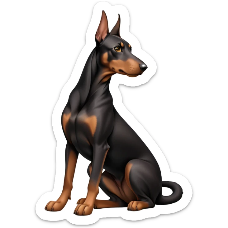 cinematic-[doberman]-realistic-full-body-sitting-emoji,-tail-resting-loosely-beside-its-paws,-head-tilted-dramatically, dooped ears -sleek-[black and tan]-fur,-simplified-yet-realistic-focused-features,-highly-detailed,-glowing-with-an-almost-sarcastic-glow sticker