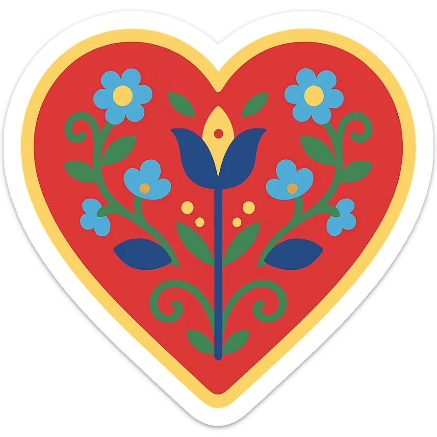 Red heart with Scandinavian folk art nature motif, featuring bright folk colors and simple, bold floral and leaf patterns. The design is easily recognizable when downsized and includes a border around the heart. sticker