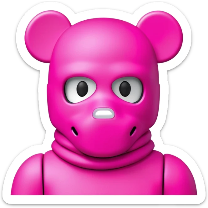 Bearbrick figure with KAWS-style X eyes, wearing a neon pink ski mask balaclava covering most of the face except for the X eyes sticker