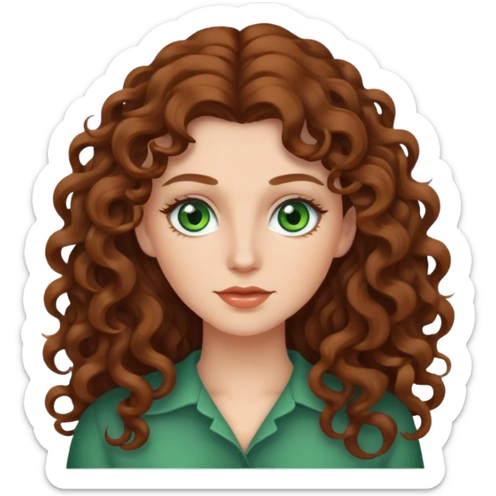 White Woman with long curly brown hair and green eyes sticker