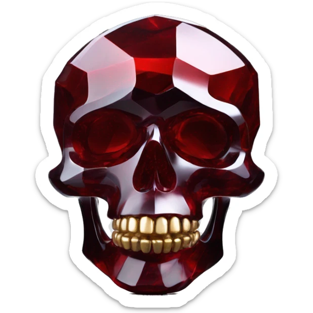 glass sculpture skull with a geometric, faceted design. The skull is standing upright on a base with angular and baroque features. The vibrant dark shade and red highlights the sharp edges and planes sticker