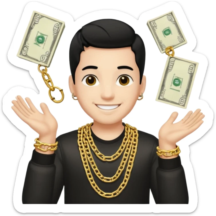Has un chico con mucha plata en sus manos y en su alrededor, Con una cadena que diga "JovenBallin" y que tenga pelo negro y sea piel blanca sticker