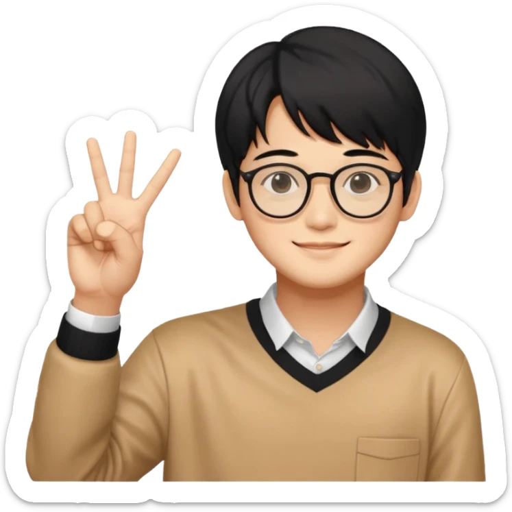 kim taehyung do bts de cabelo preto, óculos, sorrindo e fazendo dois com a mão esquerda  sticker