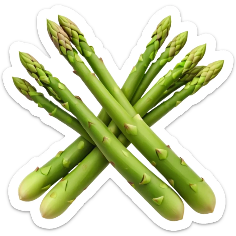 green asparagus bundle, tight tips, firm stalks, color fades from bright green to pale at base, smooth with vertical ridges, natural color variation, stems aligned, unpeeled, slightly curved, no extras, soft lighting, emoji scale sticker