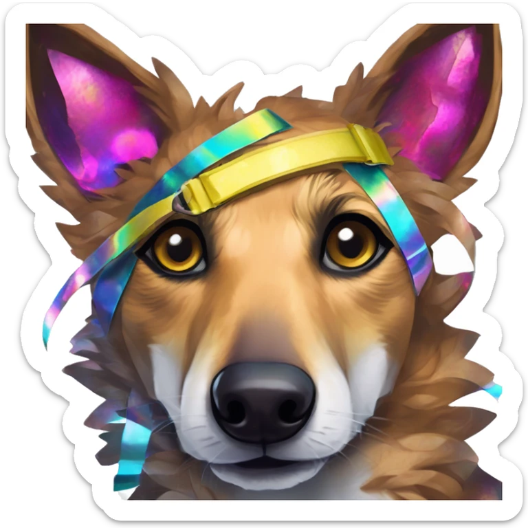  brindle brown black maroon gold lurcher Alsatian fox running blue eyes and iridescent holographic oilslick harness wearing paper iridescent tropical flower crown yellow caution tape sticker