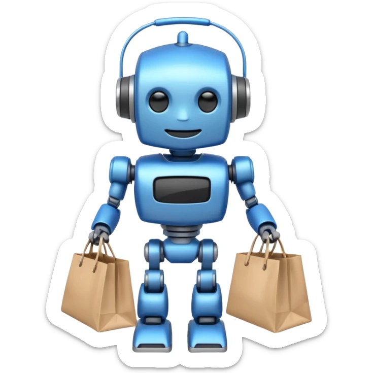 black friday robot with blue and metalic colours with bags in his hands smiling sticker