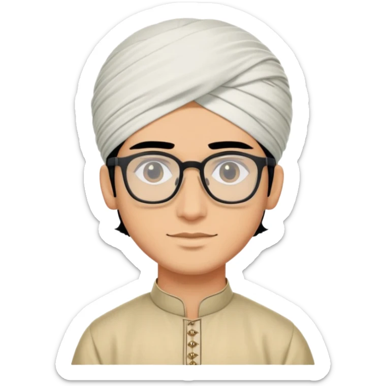 young man with wheatish skin tone, black hair, wearing kurta with rectangle glasses and traditional turban sticker