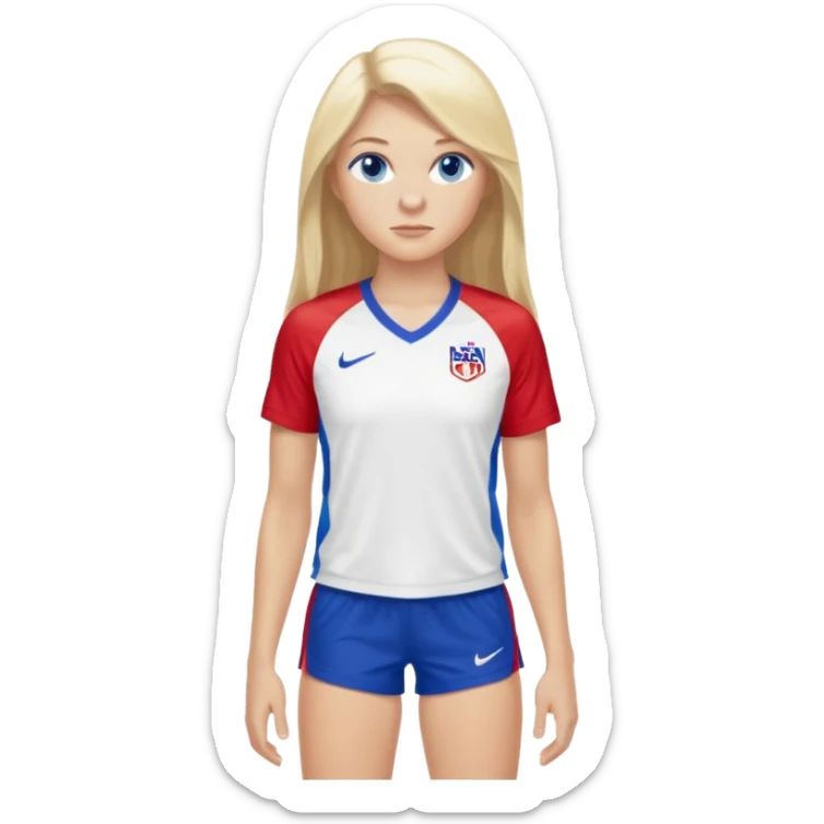 Blond long hair blue eyes tall long lashes wearing a red white and blue jersey that says USA with white shorts and Nike blazers sticker
