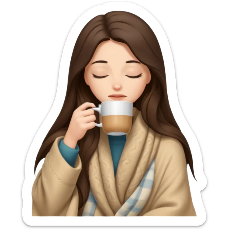 Brunette girl long hair inside a beige blanket sipping coffee eyes closed sticker