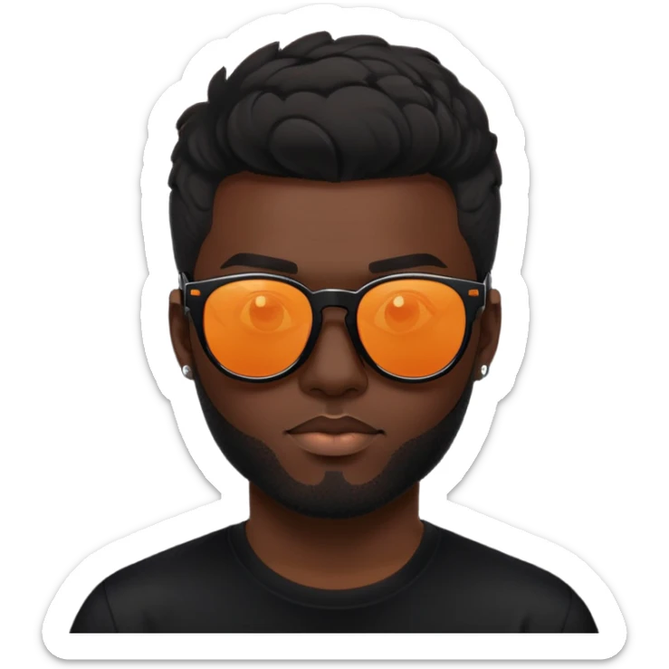 đàn ông 30 tuổi, da đen, tóc ngắn phong cách disco, đeo mắt kính râm màu cam nhẹ trong suốt nhìn thấy mắt, gọng kính màu đen, mặt ngầu, áo đen sticker