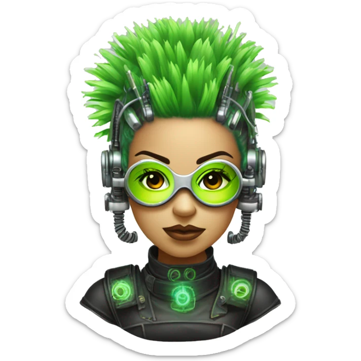 Neon green Mohawk hair Latina female cyborg head with silver steampunk goggles and circuits sticker