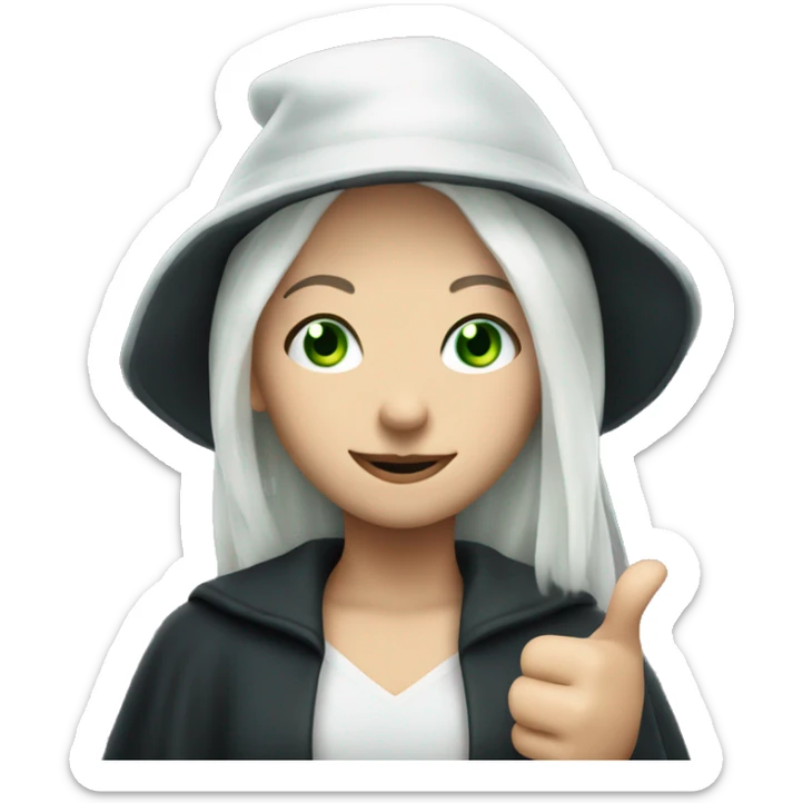 Young witch with white hair, white skin and cap, green eyes, thumbs up   sticker