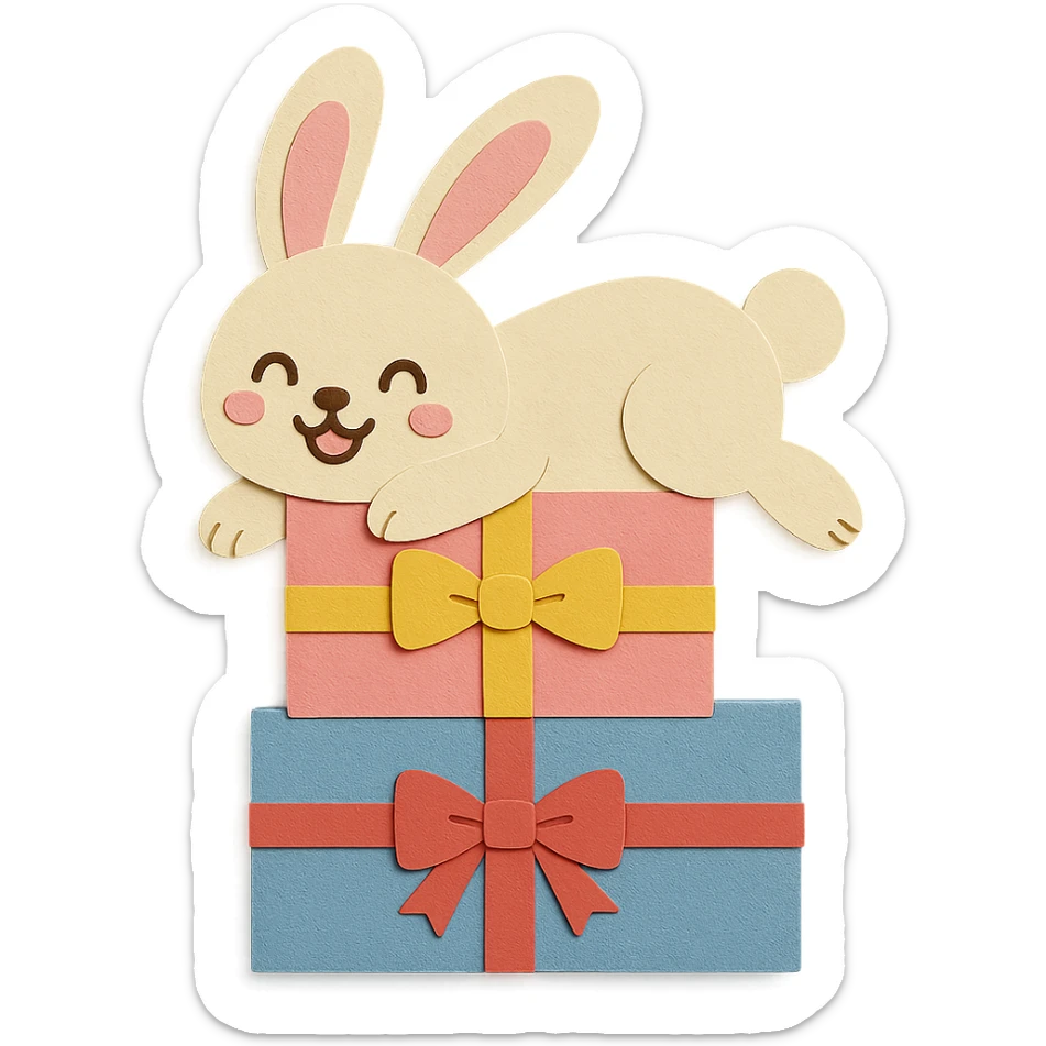 Add a ribbon to the blue gift box and change the bunny's face to a happy expression. Keep all other design elements unchanged, paper-craft style sticker