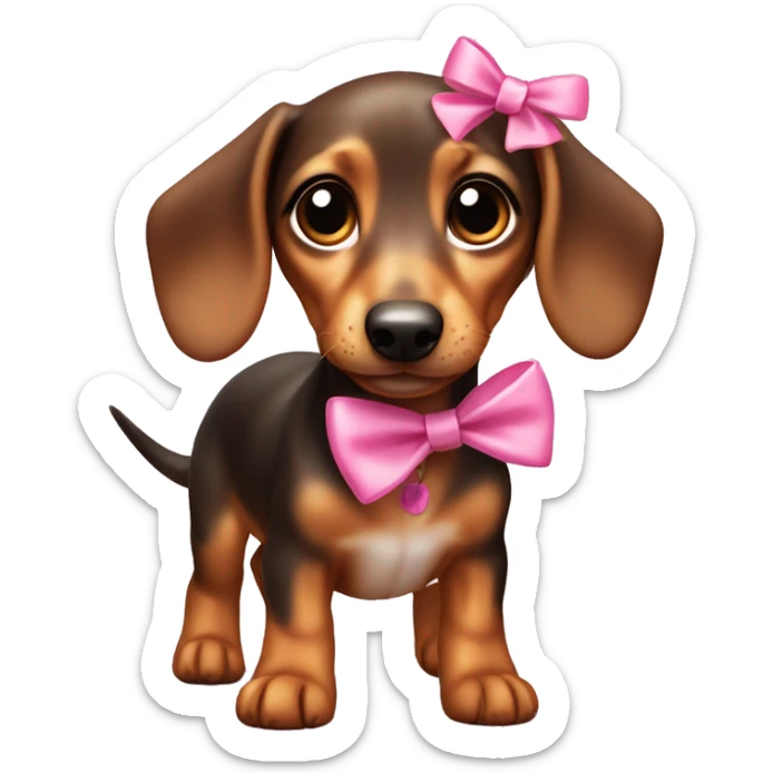 A mini dashund puppy with pink bows in its ear and big eyes and small legs  sticker