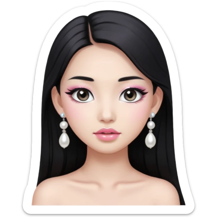 asian long black hair silver grey eyes glossy lips glittery white and light pink eyeshadow girl pearl earrings sticker