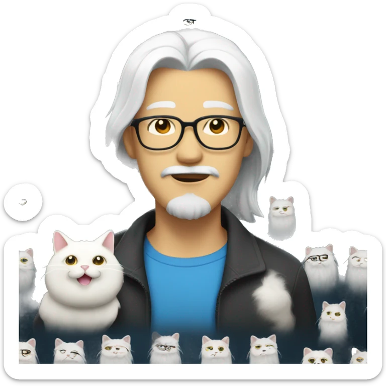 Handsome Asian man with round face, beard, glasses and a white long hair cat. The cat have one blue eye and one yellow eye sticker
