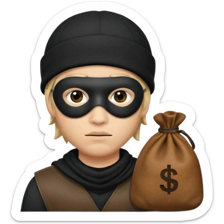 robber wears black eye mask and black beanies with money bag beside him sticker