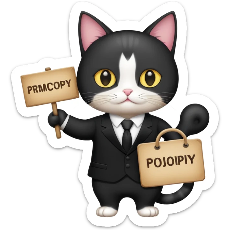 Cat in a black suit holding a sign with the inscription “PrimeCopy” sticker