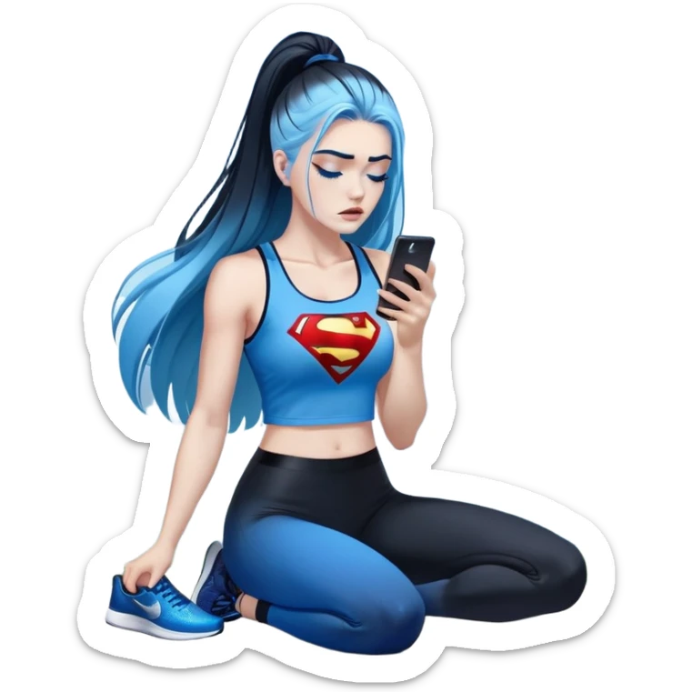 Shameful disappointed crying-very very very very big chest-texting on a samsung cell phone-very long straight flowing black to sky blue hair ombre-blue eyes-black eyeliner-long eyelashes-plastic sparkling sky blue very low cut tank top with sparkling superman logo-black leggings-nike sneakers sticker