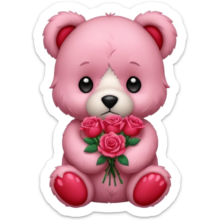 Cute pink teddy bear with sad puppy dog eyes holding roses  sticker