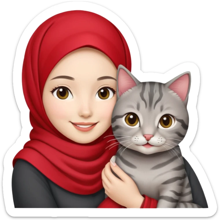 Asian White girl wearing red hijab holding a black grey tabby cat while smiling sticker