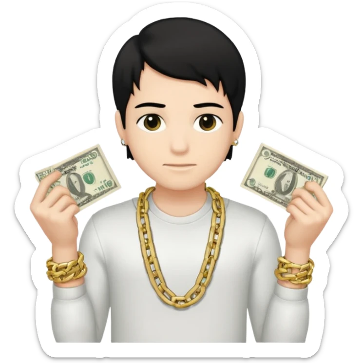 Has un chico con mucha plata en sus manos y en su alrededor, Con una chain que diga "JovenBallin" y que tenga pelo negro y sea piel blanca sticker