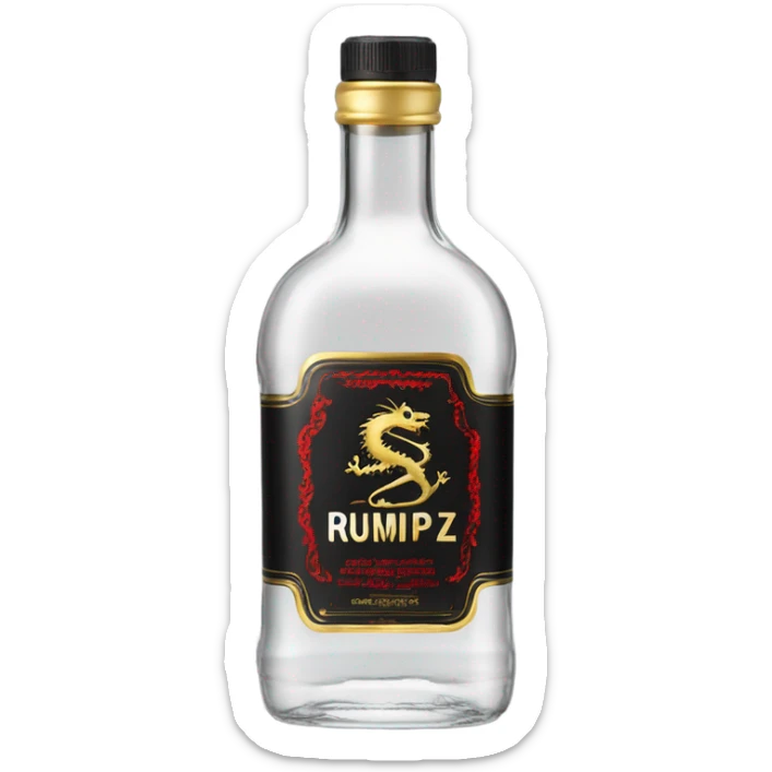 clear bottle of rumpleminze clear alcohol with a label that black with red border and font that has a small gold dragon on the label that says “RUMPZ” sticker