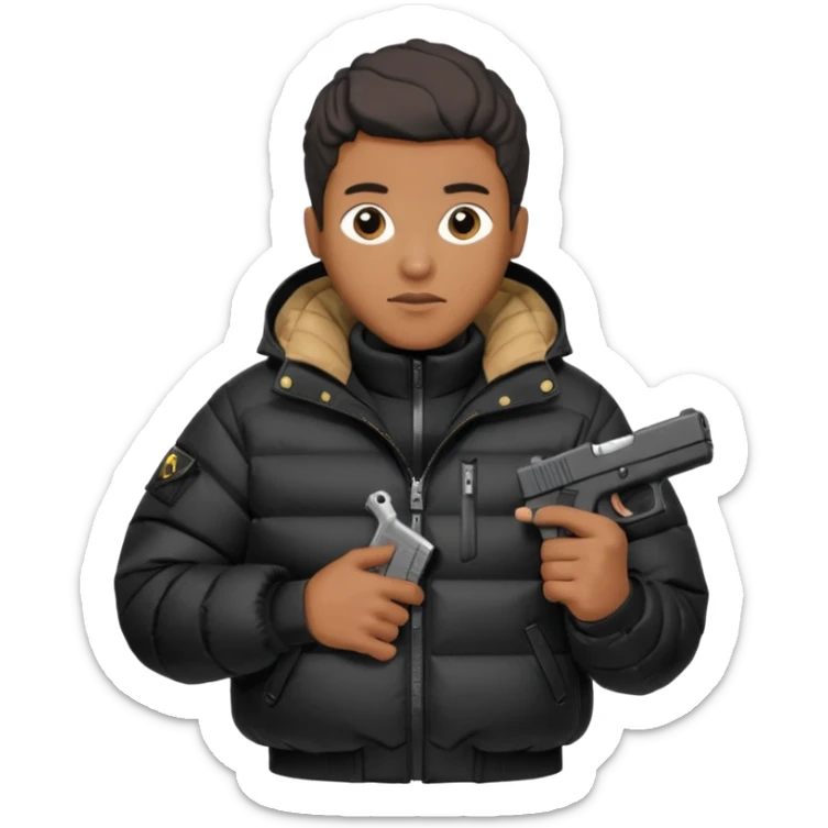 african american wearing a black puffer jacket with the hood on and holding a glock 26 sticker