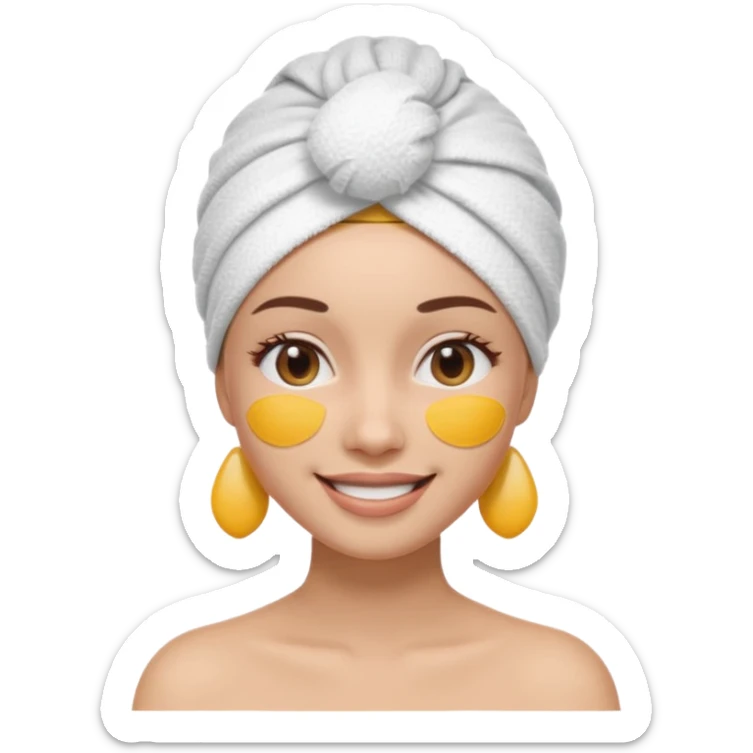 3D emoji style woman with towel head wrap, under-eye patches, smiling softly, clean girl skincare aesthetic, soft studio lighting, smooth skin texture, minimalist beige background, high resolution, PNG sticker