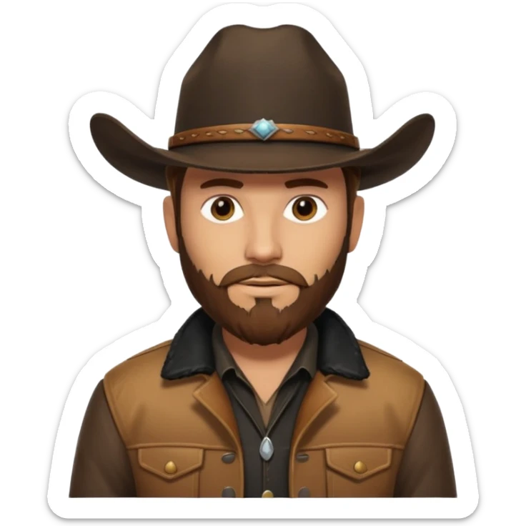 yellowstone ranch cowboy with brown beard, black cowboy hat with no rope and no jewel, black shirt, and leather tan jacket sticker