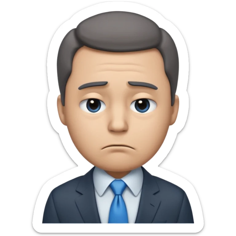 emoji character wearing a dark grey suit, white shirt, and blue tie. face has a very sad, disappointed expression with drooping eyebrows and half-closed eyes His posture is dejected, with slumped shoulders. he just rejected from his interview to get a job sticker