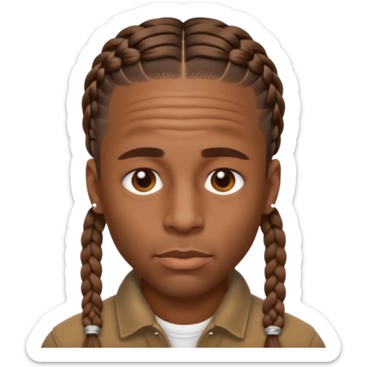 Create an iOS-style emoji of Travis Scott. Neutral facial expression, front-facing head only. Braided hair. Clean Apple emoji style, smooth shading, simple shapes, plain background. sticker