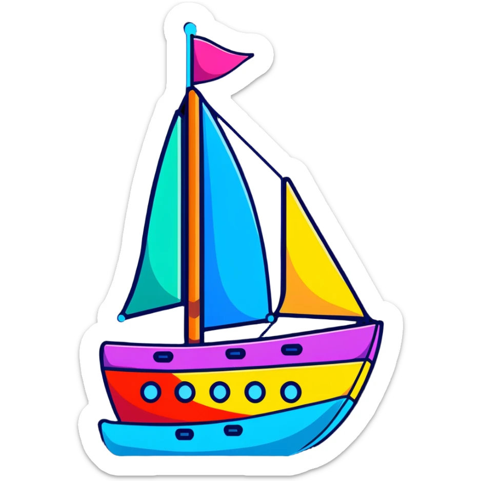 A cartoon toy sailboat with a beaming happy face, colorful sails and tiny portholes sticker