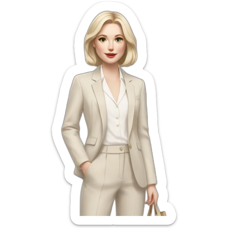 pale skin woman with ash blonde Straightened bob Hair, White Spacious classical jacket, beige palazzo Arrow pants and gray blouse holding a color palettes in the hands sticker