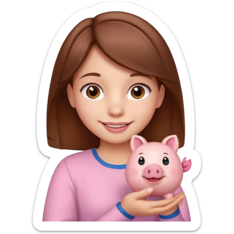 girl with brown hair holding little piggy  sticker