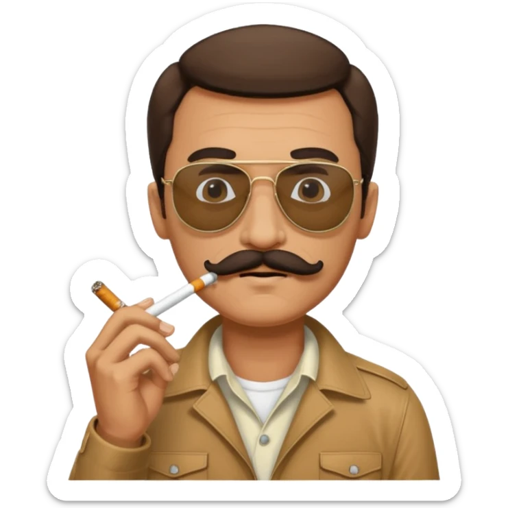 A male face from the 1970s wearing aviators and smoking a cigarette with a mustache  sticker