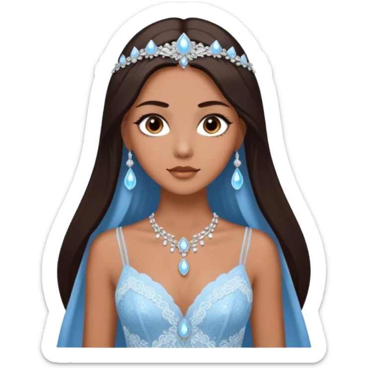 enchantress goddess wearing a embellished shimmering light powder white lace and icy moon drops angeliqué blue gown with tanned skin and super long straight dark brown hair sticker