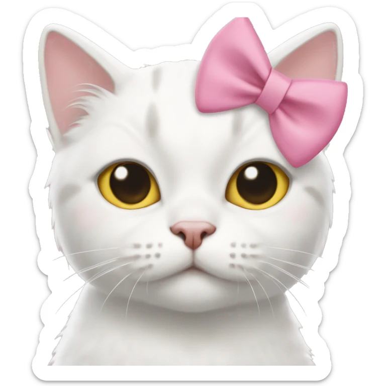 White cat, yellow nose, no mouth, and pink bow holding boba sticker