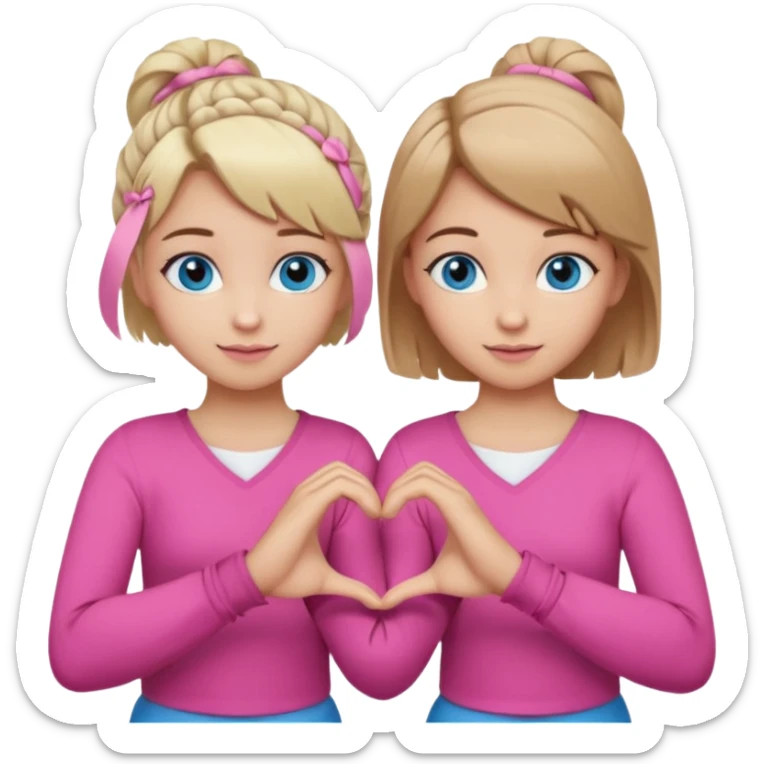 Two best friends making a heart shape with their hands together. One of them has blond hair which is shorter and the other has brown hair tied up. They are both wearing pink outfits. They both have blue eyes. One of them has their hair down  sticker