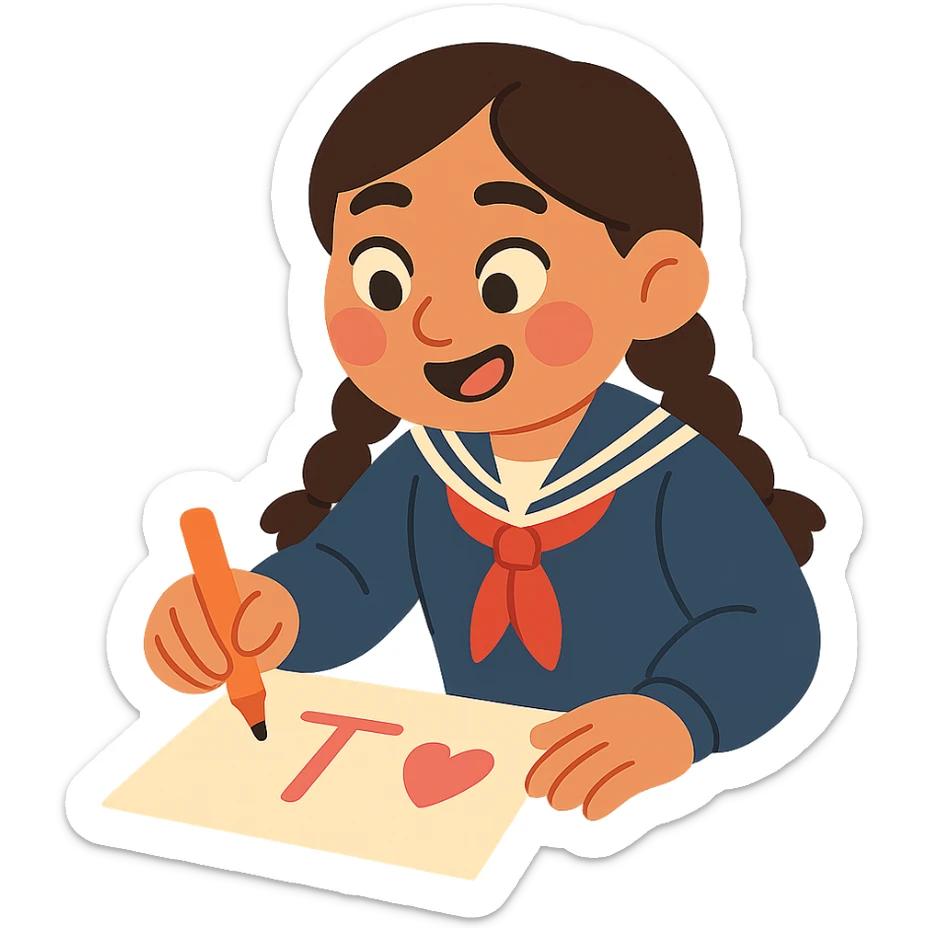 Kazakh girl in Korean school uniform, drawing a T with a heart on paper in pastel toon style sticker