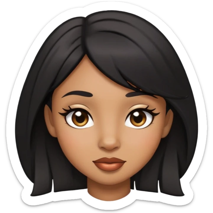 light brown skin girl with small lips, black layered hair, doe eyes, winking sticker