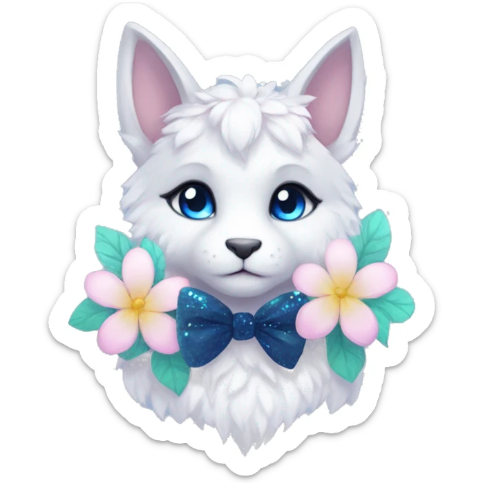 Anthro Cute Cool Kawaii gorgeous sparkly ethereal fantasy animal creature with blue eyes furry sona with flowers and bow tie beautiful aesthetic sticker