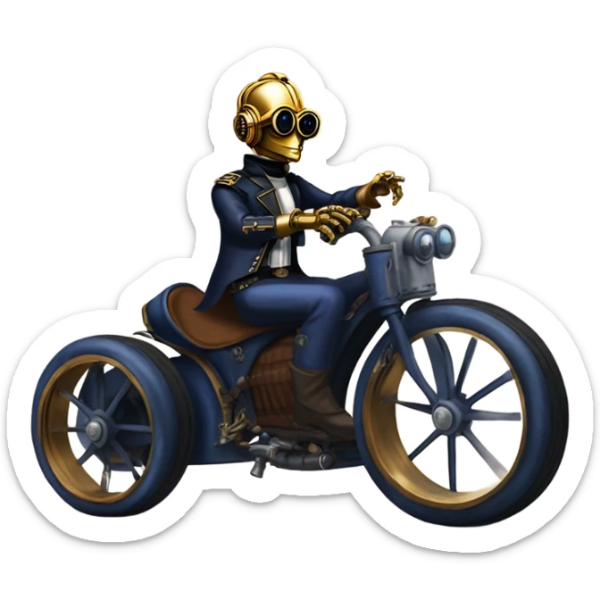 Bounty hunter C-3PO wearing a pair of navy-blue rimmed steampunk goggles, hat, leather chaps, fringe jacket riding a fast 3 wheeler trike steampunk motorcycle on ice  sticker