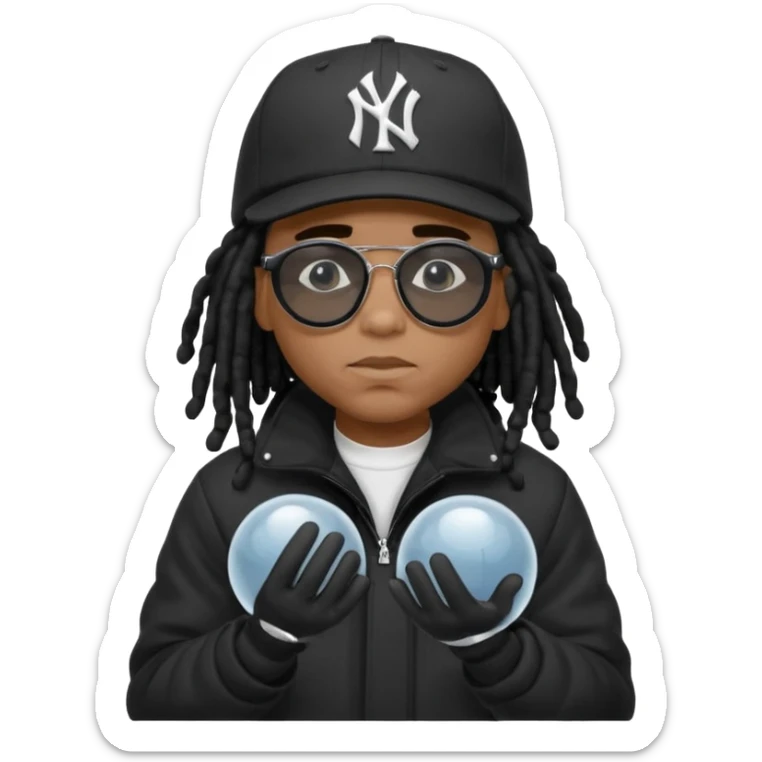African American man with shoulder length black dreadlocks wearing black sunglasses with black bubble winter coat wearing a New York Yankees baseball hat with hands thinking on face sticker