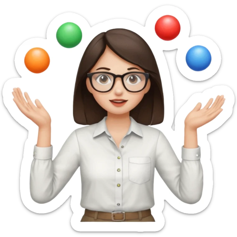 a brunette girl in a shirt and glasses  juggling  with two hands  sticker