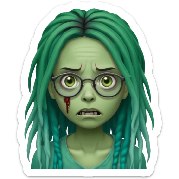 One female green-skinned, zombie with glasses, with ombre black & teal long dreadlocks and a worried expression with a small wound near its mouth. sticker