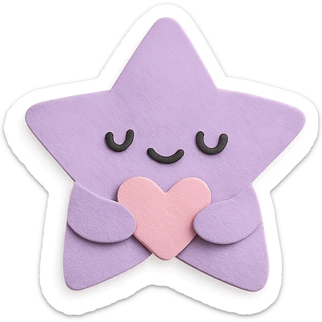 cute purple star holding tiny pastel heart, no limbs, full body, soft pastel colors, paper craft style sticker