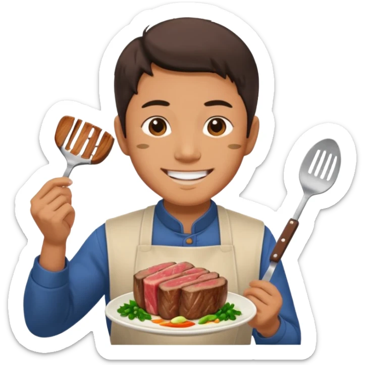 Japanese man holds in hands steak preparing to eat with lovely sight sticker