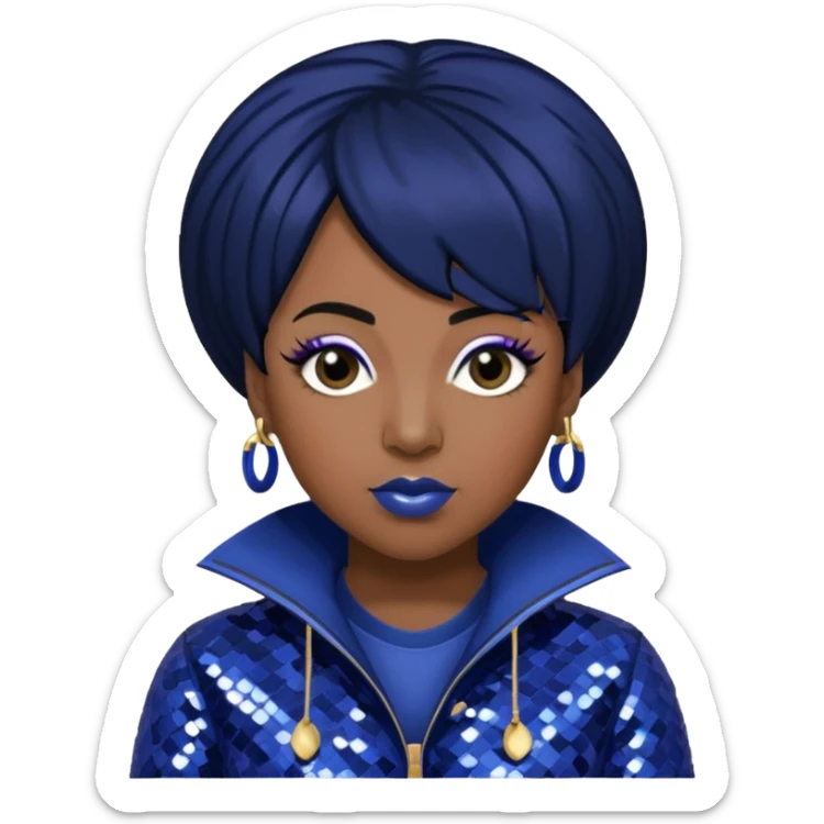 Missy Elliott with jet black hair, indigo sequin outfit sticker
